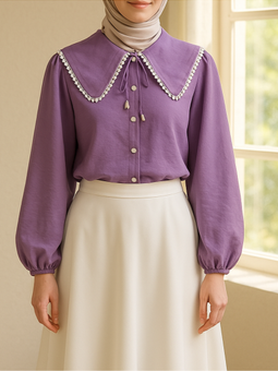 Bebe Yaka Dantelli Kolu Lastikli Lila Gömlek