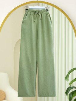 Beli Lastikli Bağcık Detaylı Cepli Bol Paça Tensel Çağla Y. Pantolon