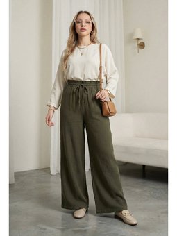 Beli Lastikli Bağcıklı Bol Paça Müslin Haki Pantolon
