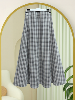 Beli Lastikli Ekose Desenli Poliviskon Açık Gri Etek