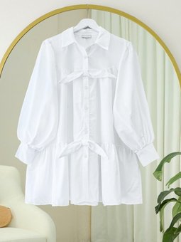 Beyaz Önü Düğmeli Kurdela Detaylı Salaş Gömlek