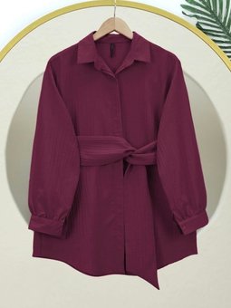 Bordo Belden Bağlamalı Fitlli Krinkıl Gömlek