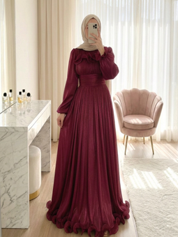 Bordo Beli Drapeli Kolu Lastikli Göğsü Ve Eteği Fırfır Detaylı Janjan Abiye Elbise