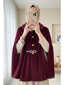 Bordo Gold Düğme Detay Kemerli Alcantara Panço