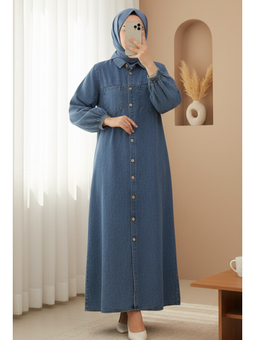 Boydan Düğmeli Kolu Lastikli Cepli Kot Buz Mavi Elbise
