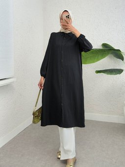 Boydan Düğmeli Kolu Lastikli Uzun Krinkıl Siyah Tunik