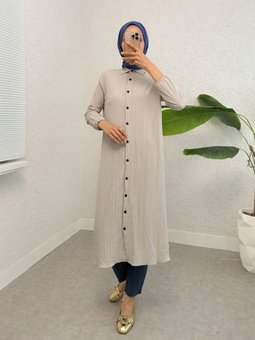 Boydan Düğmeli Kolu Lastikli Uzun Krinkıl Taş Tunik