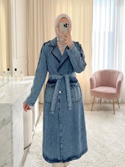 Cepli Beli Kemerli Düğmeli Kot Buz Mavi Trençkot