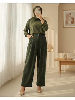 Cepli Bol Paça Pul Detaylı Kadife Haki Pantolon