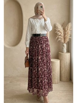 Çiçek Desenli Astarlı Kalın Kemerli Şifon Mürdüm Etek