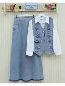 Çiçek Nakışlı Cep Detaylı Yelekli Buz Mavi Kot Takım