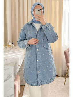 Çift Cepli Taşlı Önü Düğmeli Kot İndigo Ceket