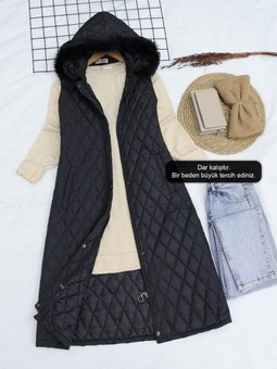 Çıkma Kapüşonlu Kapitone Uzun Siyah Yelek