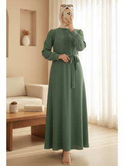 Çıma Detaylı Kemerli Ayrobin Haki Elbise