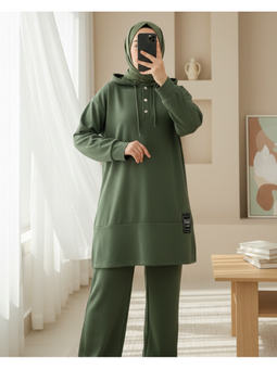 Çıtçıtlı Arma Detaylı İkili Penye Haki Takım