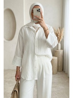 Çizgi Desen Oval Kesim Krinkıl Beyaz Gömlek