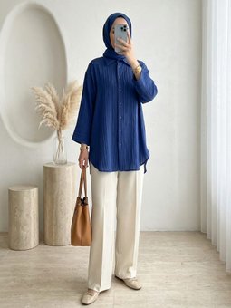 Çizgi Desen Oval Kesim Krinkıl Laci Gömlek