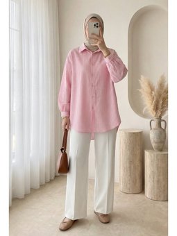 Çizgili Düğmeli Arkası Uzun Salaş Pembe Gömlek