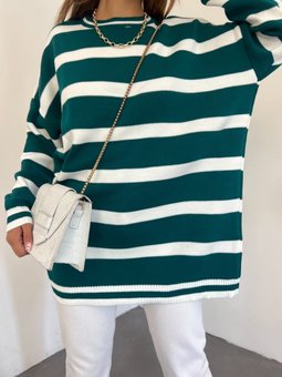 Çizgili Kışlık Triko Koyu Yeşil Tunik