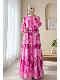 Daire Desen Yarım Düğmeli Kolu Lastikli Fuşya Elbise