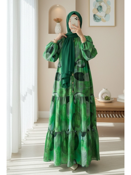 Daire Desen Yarım Düğmeli Kolu Lastikli Koyu Yeşil Elbise