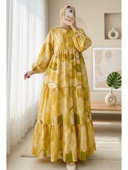 Daire Desen Yarım Düğmeli Kolu Lastikli Sarı Elbise