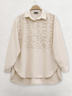 Dantel İşlemeli Eteği Düğme Detaylı Bej Gömlek