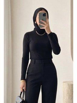 Dik Yaka Uzun Kol İçlik Siyah Bluz