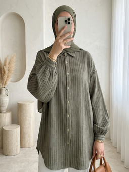 Dikiş Çizgili Arkası Uzun Salaş Müslin Haki Gömlek