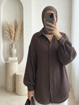 Dikiş Çizgili Arkası Uzun Salaş Müslin Kahve Gömlek