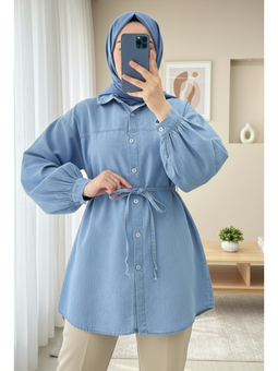 Düğmeli Beli Bağcıklı Kot Açık Mavi Gömlek