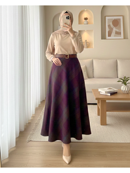 Ekose Desenli Yanı Fermuarlı Kaşe Çan Mürdüm Etek