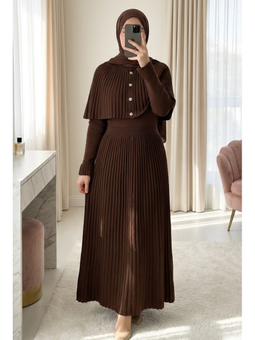 Eteği Fitilli Beli Lastikli Pelerin Detaylı Uzun Triko Kahve Elbise