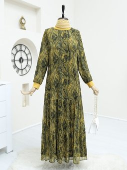 Etnik Desen Eteği Parçalı Astarlı Şifon Yağ Yeşili Elbise