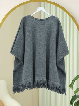 Füme Eteği Püskül Detaylı Triko Panço