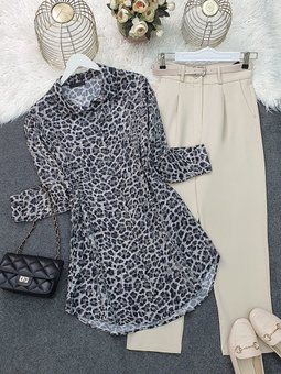 Gri Leopar Desen Düğmeli Oval Kesim Gömlek
