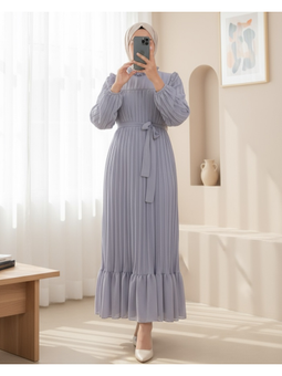 Gri Önü Robalı Kolları Ve Bedeni Piliseli Abiye Elbise