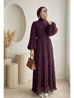 İçi Astarlı Kolu Lastikli Gipeli Modal Mürdüm Elbise