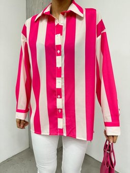 Kalın Çizgili Düğmeli Fuşya Gömlek