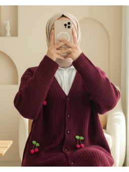 Kirazlı Top Düğmeli Triko Bordo Hırka