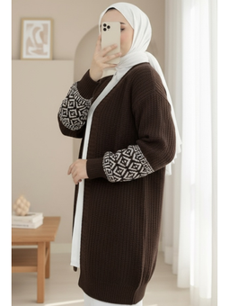 Kolları Desenli Triko Kahve Hırka