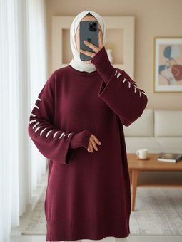 Kolları İpli Çizgili Yumoş Triko Bordo Tunik