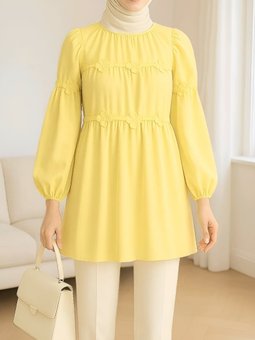 Kolları Lastikli Papatya Detaylı Poplin Sarı Tunik