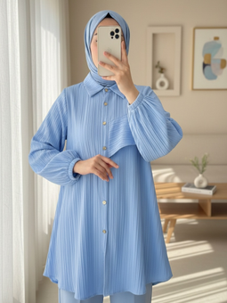 Kolu Fırfır Detaylı Lastikli Bebe Mavi Tunik