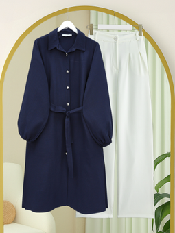 Kolu Lastikli Beli Bağcıklı Uzun Müslin Laci Tunik