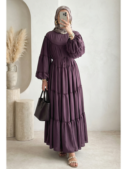 Kolu Lastikli Beli Bağlamalı Katlı Fırfır Detaylı K. Bordo Elbise