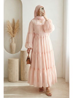 Kolu Lastikli Beli Bağlamalı Katlı Fırfır Detaylı Pudra Elbise