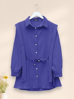 Mavi İnci Düğmeli Omuzu Ve Beli Bağlamalı Krinkıl Gömlek