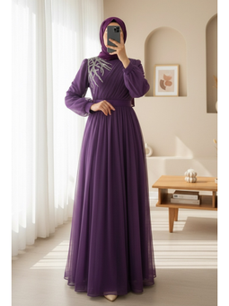 Mor Önü Taş Detaylı Drapeli Kemerli Tül Abiye Elbise