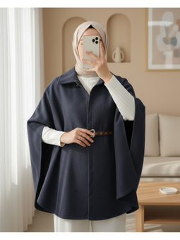 Omuzu Düğmeli Beli Kemerli Kaşe Laci Panço